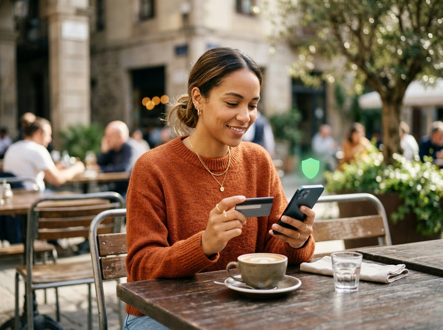 Banking-App mit grünem Schloss über der privaten Mobilfunkverbindung einer Reisenden