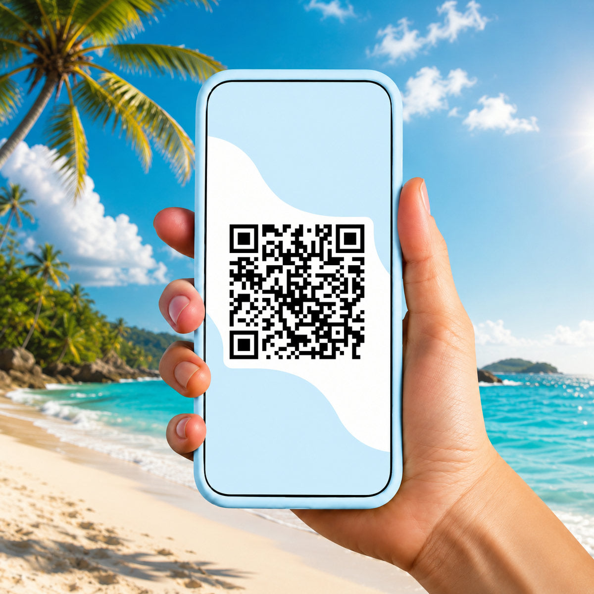 Hand hält Smartphone mit QR-Code zum Download der BuddySIM eSIM App am Strand