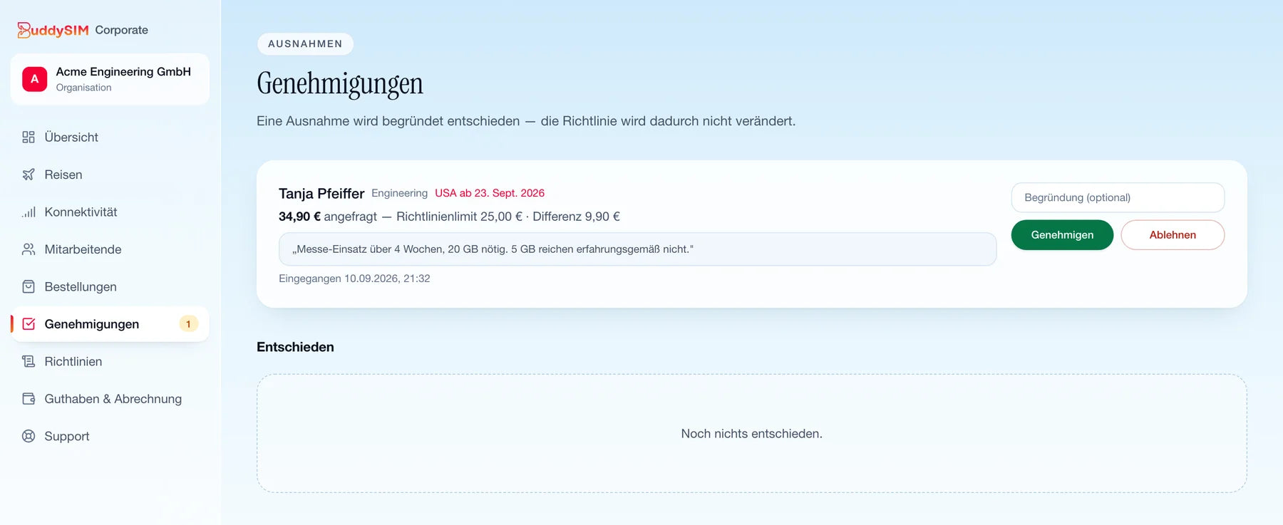Offene Genehmigungen im BuddySIM Firmenportal