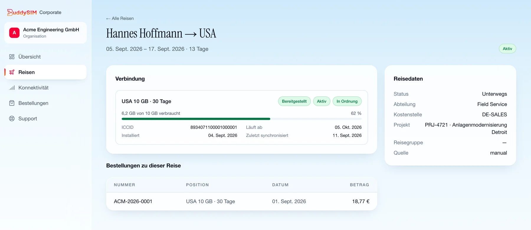 Reise-Detailansicht für Mitarbeitende im BuddySIM Firmenportal