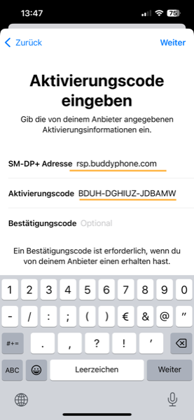 eSIM manuell aktivieren auf iPhone 13 – Anleitung – BuddySIM